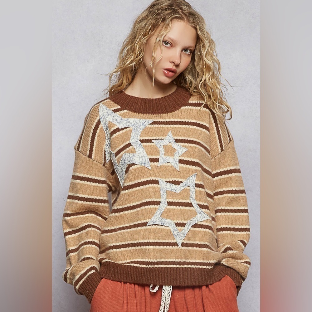 POL “ Boho Skies ” Striped Crewneck Patchwork Sweater